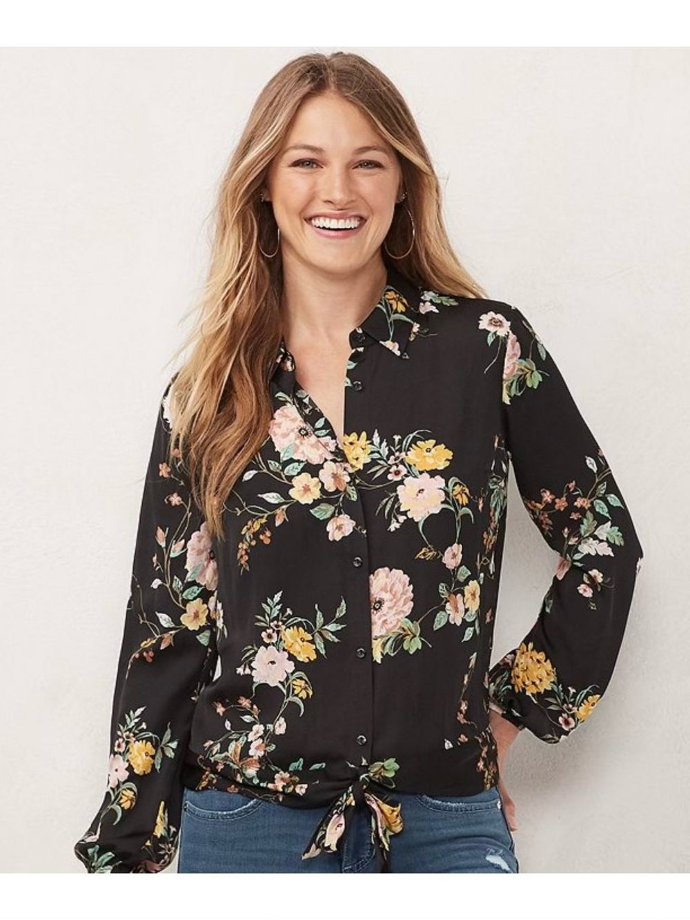 NWT LC Lauren Conrad Banded Knot-Hem Shirt Black Floral Size M